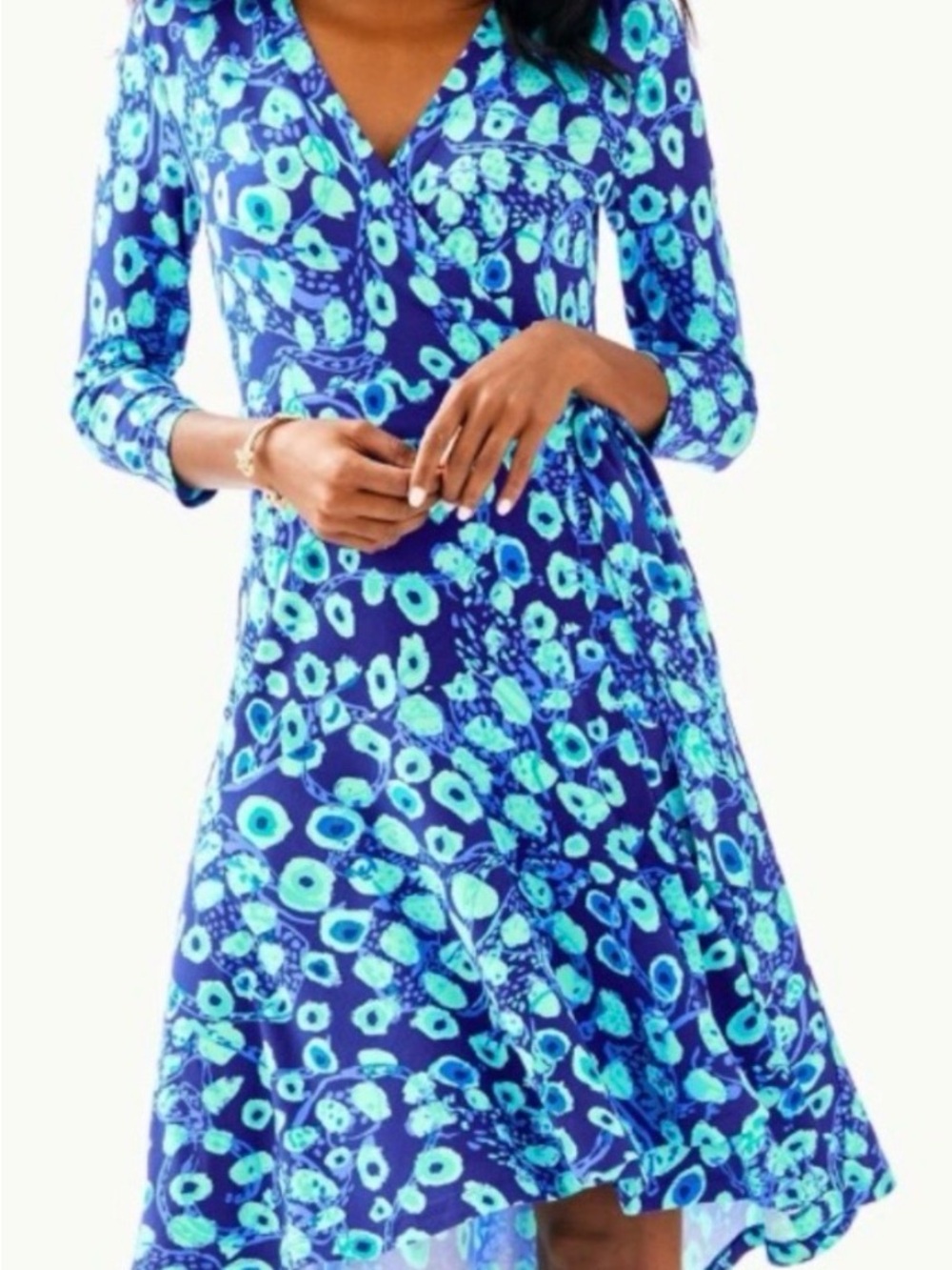 Lilly Pulitzer Navy & Aqua Floral Wrap Dress, Long Sleeve